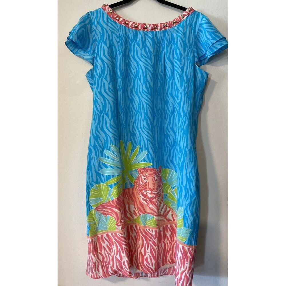 Lilly Pulitzer Shift Dress 2009 Silk Tiger Beaded Embellished Neckline Sz 8 (H